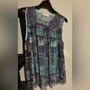 BLUE FLORAL BOBBIE BROOKS SHEER YOKE SLEEVELESS TOP NEW (L, 2X)